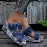 One-Word With Buckle High-Heeled Slippers Women's Slopes And Thick-Bottomed Cloth Beach Cold