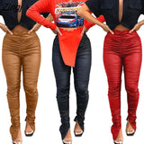 Women PU Leather Leggings Flared Pants Black Red Leather Pencil Pants Women High Waist Sexy Skinny Leather Trousers