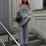 Selling A Word Shoulder Knitted Commuting Set Loose Top Broad Leg Trousers Simple High-Grade Gray Workplace