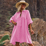 Women's Loose Solid Color Polo Collar Holiday Leisure Buttons Literary Style Fashion Dress