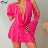 Women Solid Color Hanging Neck Tie Up Off Shoulder Ruched Long Sleeve Backless Party Club Mini