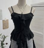 Wasteland To Make Old Hole Slings Vest Irregular Lotus Side Ribbon Short Sleeveless Top