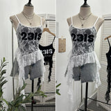 Shooting Lace Sling Vest Irregular Ribbon Hot Wear Print Short-Sleeved Top