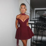 Burgundy Off-shoulder Plunge Backless Mini Dress- Outfit