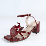 Women's High-Heeled Shoes Three-Dimensional Orchid Head Coarse Heel Night Party Wedding Campus Brick Red Sandals Spring And Summer