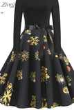 Dress Women Autumn Winter Long Sleeve High Waist Printed Vintage Party Sundress Elegant Xmas
