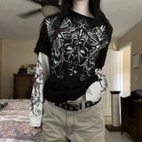 E-Gir Gothic Grpahics T-Shirt Vintage Gothic Printed Round Collar Loose Shirt