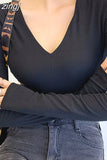 T-shirt Women's Long Sleeves V-neck Tops Autumn 2023 Cushioned Shoulder Tops Slim Bottoms Clothes New Office Lady