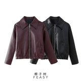 Women's ZA Autumn And Winter New Street Fashion Collar Long-Sleeved Leather Jacket