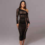 Zingj 2024 The New Women's Long Sleeve Mesh Splicing Inclined Shoulder Long Temperament Pleated Dress