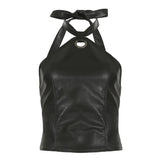 Retro Brown Leather Ring Decoration Hanging Neck Vest Sexy Back Strap Strap Short