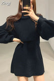 Casual O-Neck Knitwear Dress Female Loose Two Piece Set Thick Warm Lantern Sleeve Knitted Pullover Women Sweaters