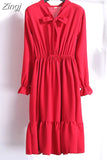 Women Dress Chiffon Elegant Vintage Bow Collar Long Sleeve Autumn Winter Midi Shirt Dresses 2023 Solid Slim Clothes