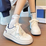 College Wind Board Shoes Women's New Leather-Faced High-Heeled Casual Shoes Cute Cat Round-Headed Small White Shoes In