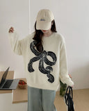 Zingj And Winter Imitation Mink Casual Loose Round Collar Sweater Jacket Women's Lazy Wind Printed Bow Soft Waxy Comfortable Sweater-Outfit