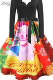 Dress Women Casual Vintage Patchwork Party New Year Santa Print Robe 50S 60S Rockabilly Swing Elegant Winter