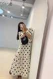 Fashion Women Puff Sleeve Polka Dot Dress Casual Office Loose Black Dress Korea Ladies Womens Pullover Long Print