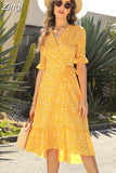 Sleeve Boho Dress Summer Women Floral Printed Holiday Beach Dress V-Neck Elegant Lace-up Split Midi Sundress