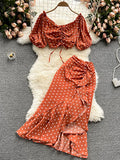 Women Red/Purple/Black Polka Dot Two Piece Set Summer Sexy Ruffle Short Drawstring Tops + High Waist Irregular Skirt 2pcs