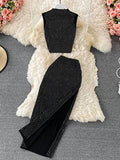 Black Diamonds 2pcs Set Women Party Sleeveless Short Tops + High Waist Split Skirt Female Two Piece Suits Club Fashion