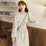 Women V-neck Retro Floral Basic All-match Trendy Ulzzang Sweet Ladies Long Dresses Chic Popular Mid-calf Vestido De
