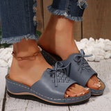 New Summer Slope And Fish Mouth Slippers Women's Shoes Casual Large Size Coarse And Slippers Bow Solid