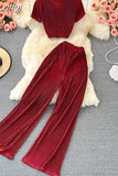 Vintage Red/Pink/Black Pleated Two Piece Set Women Casual O-Neck Short Sleeve Tops + Loose Pants Suit Female