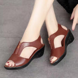 Women 2025 New Fish Mouth Leather Slope And Soft Soles Of The Elderly Sandals Fashion Zipper Middle-Aged Mother