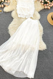 Lace Chiffon Two Piece Set Women Vintage Beach Party Sleeveless Short Tops Pleated Long Skirt Female 2pcs