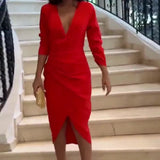 Zingj 2024 New Solid Color Low-Cut V-Neck Pleated Waist Sexy Backless Dress-Outfit