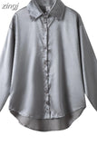 Fashion Button Up Satin Silk Shirt Vintage Blouse Casual Loose Button Up Down Shirts Tops Lady Long Sleeve Female