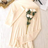 Women Summer Fashion Slim Pile Collar Simple Solid Stretchy Long Sleeve Tops Korean Style All-match Edible Tree