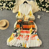 Elegant Dress Women Fashion Nail Ball Collar Hollow Pressure Folding Lantern Sleeves To Print Long