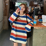 Zingj 2024 New Korean Version Of Loose Striped Long-Sleeve T-Shirt Female Ins Web Celebrity Students With Thin