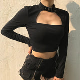 Streetwear Gothic Choker Halter T shirt Crop Tops Autumn Cut Out Sexy Long Sleeve Tshirt Women Cotton Top Tee