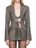 Zingj Spring Fashion Sexy V-Shaped Tie Hollow Out Waist Irregular Splicing Design Sense Suit Jacket
