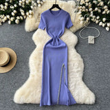 Zingj Senior Sense Dress Female Summer Sexy Sequins Slit Waist Show Thin Round Collar Short Sleeves In The Long Knit