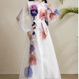 Court Dress Female Senior Sense Strap To The Waist Lantern Sleeve Print Single Buckle Mesh Elegant