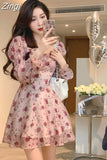 Sweet Korean Fashion Floral Bodycon Mini Dress for Women Party Beach Long Sleeve Casual Dresses Elegant Summer 2023