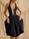 Spring And Summer New Hanging Neck Bow Deep V Bare Back Sexy Poneng Dress