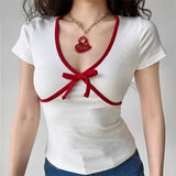 Zingj French Bow Patchwork Color Top Female Girl Slim Short V-Neck Short-Sleeved