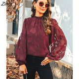 Red Embroidered Floral Mock Neck Blouse Top For Women Long Sleeve Shirts Tops 2023 Spring Autumn Pullovers