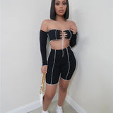 Off Shoulder Sexy Top+Biker Shorts Matching Sets Women Patchwork Bandage Backless Two Piece Outfits Summer