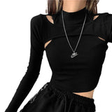 Zingj And Autumn Women's Wear Carefully Machine Hollow Open Shoulder Bottom Shirt Slim Fake Two Short