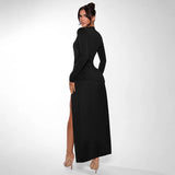 Women's New Sexy Deep V Long-Sleeved Solid Color Open-Fork Dress Dress Dress