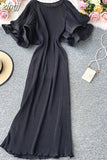 Round Neck Flare Short Sleeve Pleated Long Dress Vintage High Waist Ruffles Female Vestidos New Fashion Robe Mujer