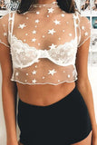 Women See Through Star T Shirts Mesh Crop Tops Fashion Sexy Ladies Short Sleeve Printing Transparent Lace Tees Top Black