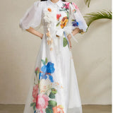 Elegant Dress Women's Summer Court Wind Strap To The Waist Three-Dimensional Flower Lantern Sleeve Print Mesh