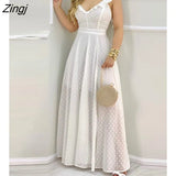 Summer Ruffle Hem Open Back Slit Maxi White Dress Sleeveless Elegant Casual Lace Up Sexy Vacation Solid Long Ladies