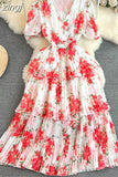 Women Floral Chiffon Draped Long Dress Vintage V-Neck Short Puff Sleeve High Waist Ruffle Pleated Vacation Beach Robe